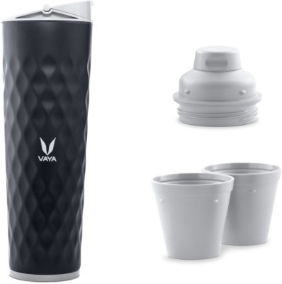 Vaya Drynk Black Thermosteel Water Bottle with Sipper & Gulper Lids and 2 Cups - 600 ml Bottle(Pack of 1, Black, Steel)