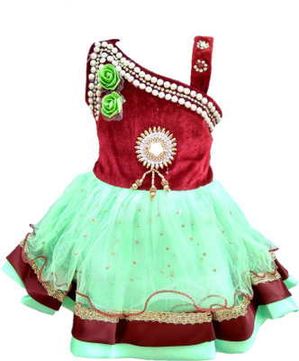 socho samjo Baby Girls Midi/Knee Length Festive/Wedding Dress(Green, Sleeveless)