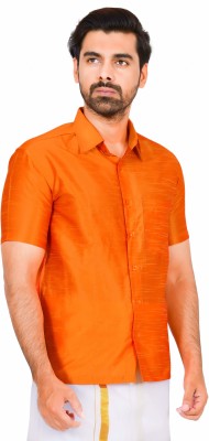 JISB Men Self Design Party Orange Shirt