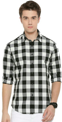 REHAN Men Checkered Casual White, Black Shirt