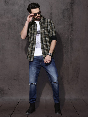 Roadster Men Solid, Checkered Casual Black Shirt