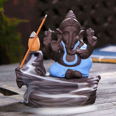 eCraftIndia Lord Gold Ganesha Smoke Backflow Cone Incense Holder Decorative Showpiece Decorative Showpiece  -  12 cm(Polyresin, Black, Light Blue)
