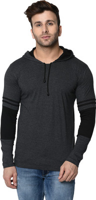 FASHION AERO Color Block Men Hooded Neck Grey, Black T-Shirt