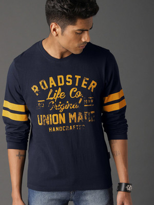 Roadster Printed Men Round Neck Dark Blue T-Shirt