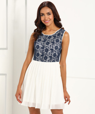 Allen Solly Women Pleated White, Blue Above Knee/Mid Thigh Length Dress