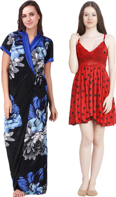 YUALIN CREATION Women Nighty with Robe(Red)