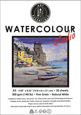 ART ESSENTIALS Watercolour Studio A5 (14.8 cm x 21 cm) Natural White Fine Grain / Cold Press / Medium Surface 300 GSM Paper, Pad of 20 Sheets A5 300 gsm Watercolor Paper(Set of 1, Natural White)