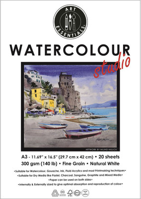 Art Essentials Watercolour Studio A3 (29.7 cm x 42 cm) Natural White Fine Grain / Cold Press / Medium Surface 300 GSM Paper, Pad of 20 Sheets A3 300 gsm Watercolor Paper(Set of 1, Natural White)