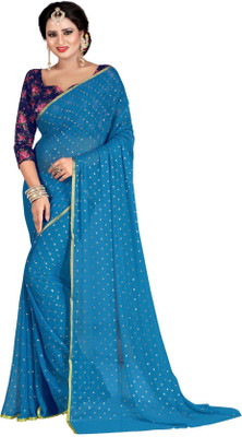 REDFISH Applique Bollywood Silk Blend, Chiffon Saree(Light Blue)