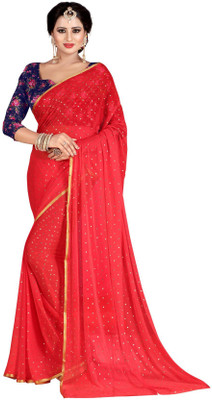 REDFISH Embellished Daily Wear Silk Blend, Chiffon Saree(Red)