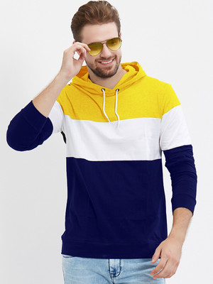 LEWEL Color Block Men Hooded Neck Yellow, White, Blue T-Shirt