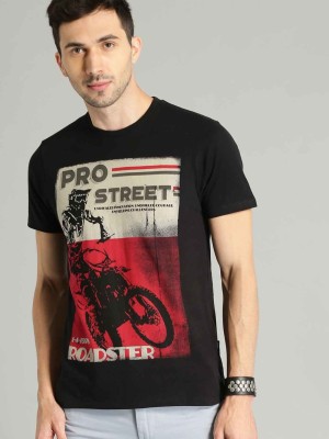 Roadster Printed Men Round Neck Black T-Shirt