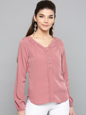 HARPA Casual Regular Sleeve Solid Women Pink Top