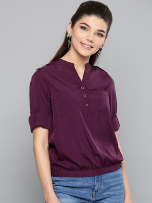 HARPA Casual Roll-up Sleeve Solid Women Purple Top