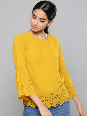 HARPA Casual Bell Sleeve Laser Cut Women Yellow Top