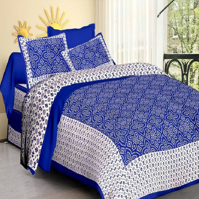 E ELMA Cotton Double Flat 104 TC Printed Bedsheet(Pack of 1, Blue)