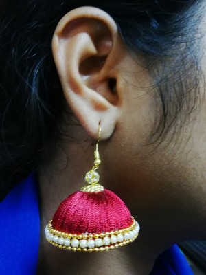 Kandharam Jhumki Silk Thread Earrings Maroon For Womens and Girls Fabric, Plastic, Silk Dori Jhumki Earring