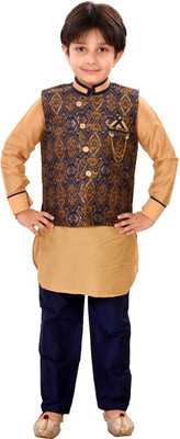 Fourfolds Boys Festive & Party Kurta, Waistcoat and Pyjama Set(Beige Pack of 1)