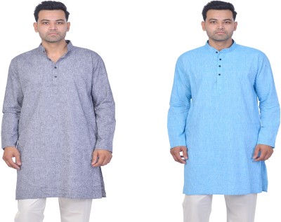 La Milano Men Solid Straight Kurta(Light Blue, Grey)