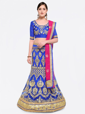 manvaa Embroidered Semi Stitched Lehenga Choli(Blue, Pink)