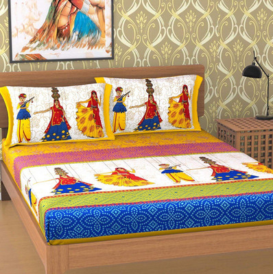 Home@shop Cotton Double Flat 104 TC Printed Bedsheet(Pack of 1, Yellow)