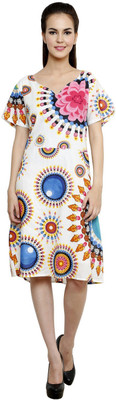 Anekaant Women A-line Multicolor, White Knee Length Dress