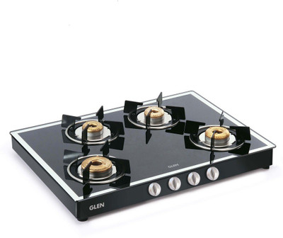 GLEN 1048 GT Black Forged Burners Mirror Finish Glass Manual Gas Stove(4 Burners)