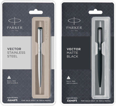 PARKER Vector Stainless Steel & Matte Black CT Ball Pen(Pack of 2, Ink Color - Blue)