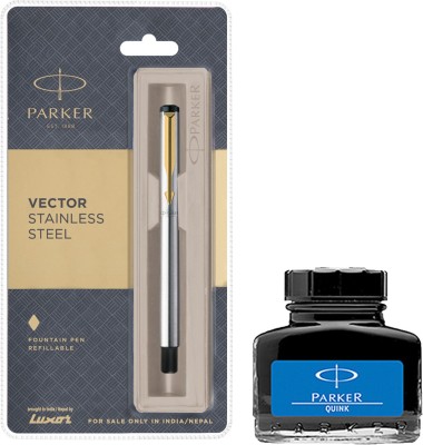 PARKER Vector Stainless Steel GT Fountain Pen with Blue Quink Ink Bottle(Pack of 2, Ink Color - Blue)