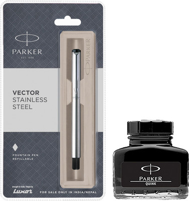 PARKER Vector Stainless Steel CT Fountain Pen with Black Quink Ink Bottle(Pack of 2, Ink Color - Black)