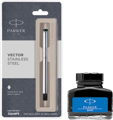 PARKER Vector Stainless Steel CT Fountain Pen with Blue Quink Ink Bottle(Pack of 2, Blue)
