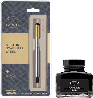 PARKER Vector Stainless Steel GT Fountain Pen with Black Quink Ink Bottle(Pack of 2, Ink Color - Black)