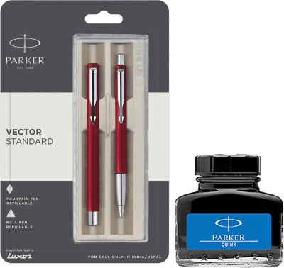 PARKER Vector Standard Sets Fountain Pen Ball Pen - Red with Blue Quink Ink Bottle(Pack of 3, Blue)