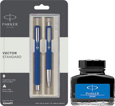 PARKER Vector Standard Sets Fountain Pen Ball Pen - Blue with Blue Quink Ink Bottle(Pack of 3, Ink Color - Blue)