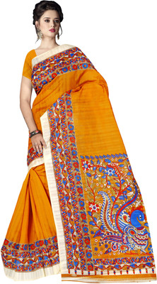 Grubstaker Animal Print Bollywood Silk Blend Saree(Yellow)