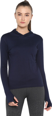 Ap'pulse Solid Women Hooded Neck Dark Blue T-Shirt