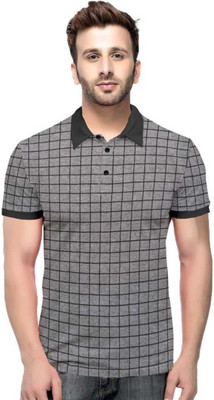 Afams Checkered Men Polo Neck Grey, Black T-Shirt