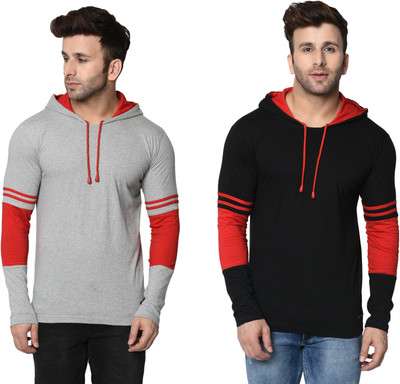 FASHION AERO Color Block Men Hooded Neck Grey, Black T-Shirt