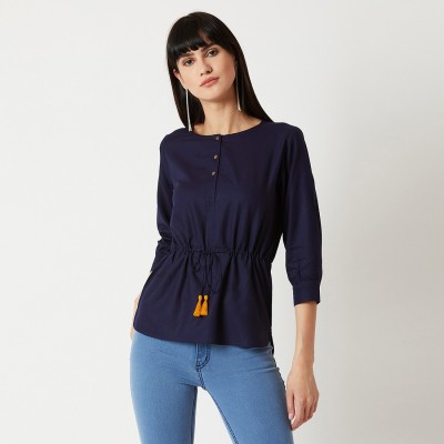 Miss Chase Casual 3/4 Sleeve Solid Women Blue Top
