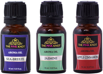 THE PINK KNOT Sea Breeze , Jasmine & Apple Cinnamon set of three aromatic fragrant diffuser oil (15ml each) Car Freshener Aroma Oil Sea Breeze , Jasmine & Apple Cinnamon(3 x 15 ml)