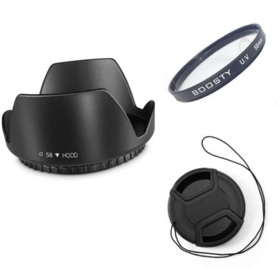 BOOSTY COMBO 58MM Flower Lens Hood (Black) FOR 18-55MM 55-250MM Lens Hood + uv filter+ lens cap( pack of 3)  Lens Hood(58 mm, Black)