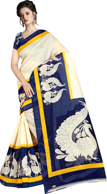 Grubstaker Animal Print Bollywood Silk Blend Saree(Blue, Cream)