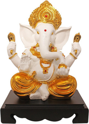 krishnagallery1 Gold Plated with Wooden Base Lord Ganesha Idol , Ganesh Ji Murti , Ganesha idol , Ganpati Statue , Laxmi Ganesh ( For Home Temple Poojan use , Office Temple Poojan Use , Gifted use Item statue ) Decorative Showpiece - 24.1 cm(Polyresin, White, Gold)