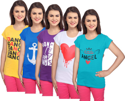 Indistar Printed Women Round Neck Multicolor T-Shirt