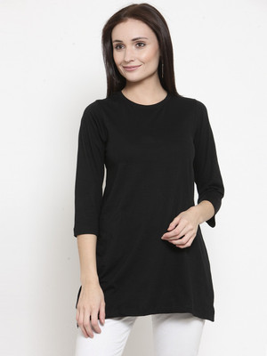 KALT Casual 3/4 Sleeve Solid Women Black Top