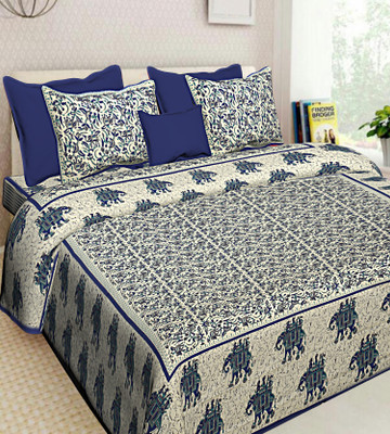 RAJDEVI JAIPUR PRINTS Cotton Double, King Fitted & Flat 251 TC Printed Bedsheet(Pack of 1, Blue)