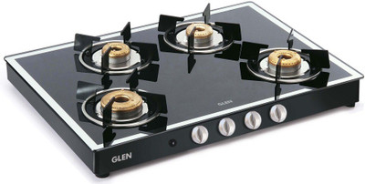 GLEN 1048 GT AI Black Forged Burners Mirror Finish Glass Automatic Gas Stove(4 Burners)
