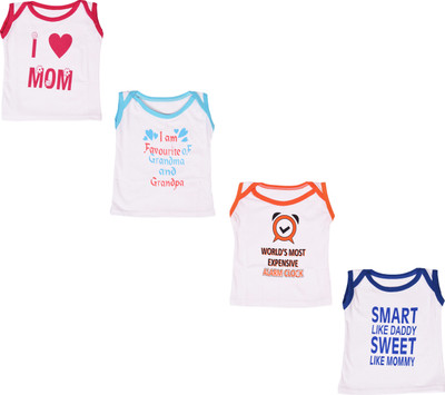 BANTOO Boys & Girls Printed Cotton Blend Regular T Shirt(White, Pack of 4)