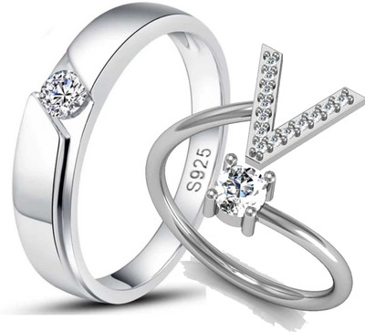 MYKI Made For Each Other 'V' Letter Silver Plated Couple Ring Stainless Steel Swarovski Crystal Sterling Silver Plated Ring Set
