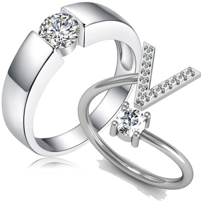 MYKI Passion For Love 'V' Letter Silver Plated Couple Ring Stainless Steel Swarovski Crystal Sterling Silver Plated Ring Set